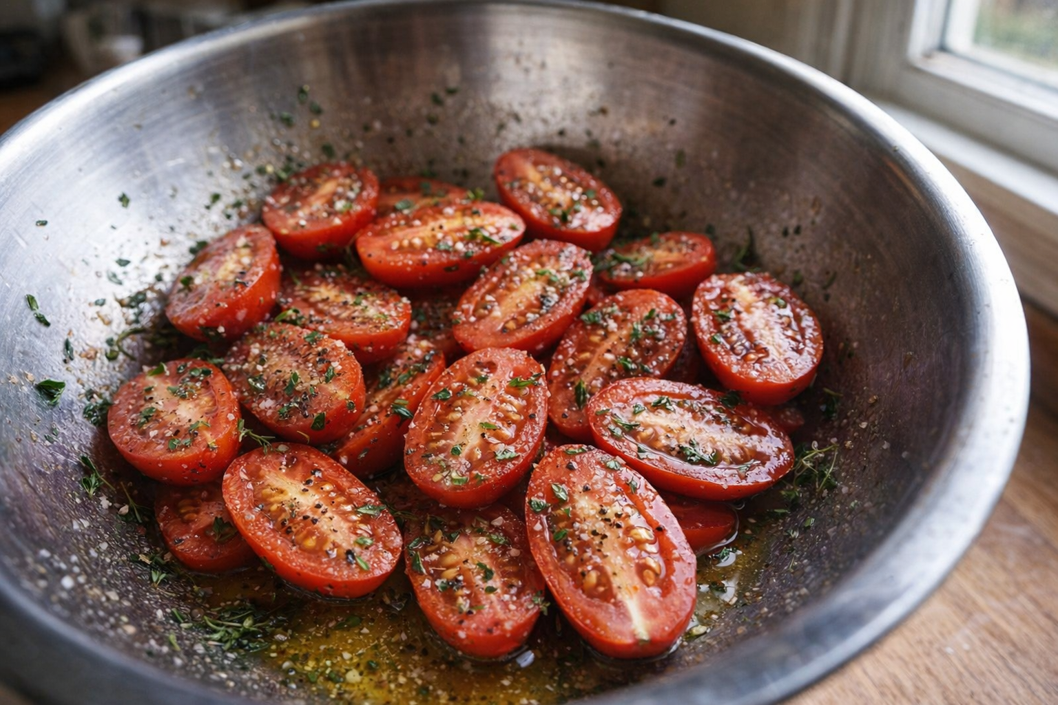 Close-up of halved Roma tomatoes tossed in a stainless steel bowl with olive oil, salt, pepper, and fresh herbs, natural light from a kitchen window